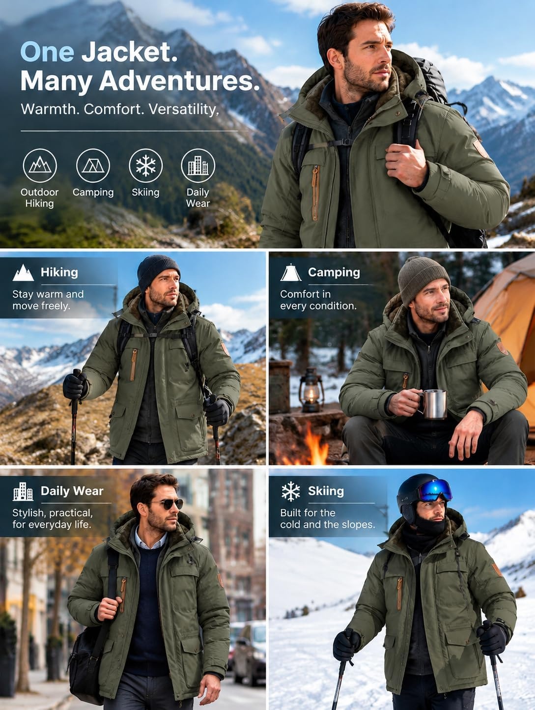 image:imageMens Winter Jacket Hooded Fleece Lined Windproof Parka Coats with PocketsArmy Green