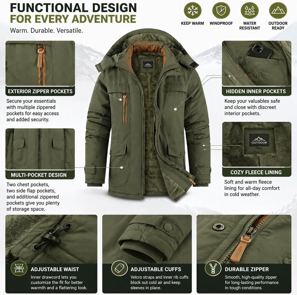 image:imageMens Winter Jacket Hooded Fleece Lined Windproof Parka Coats with PocketsArmy Green