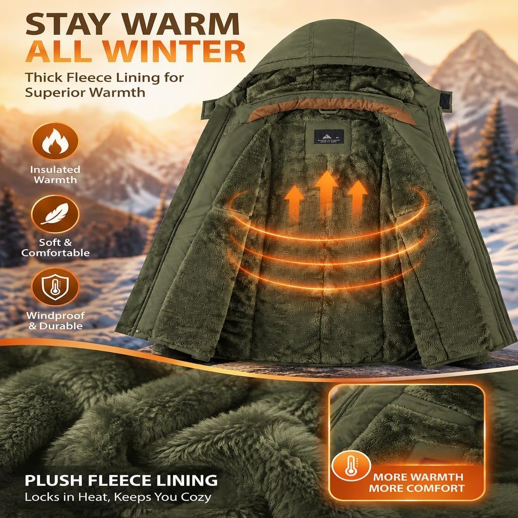 image:imageMens Winter Jacket Hooded Fleece Lined Windproof Parka Coats with PocketsArmy Green