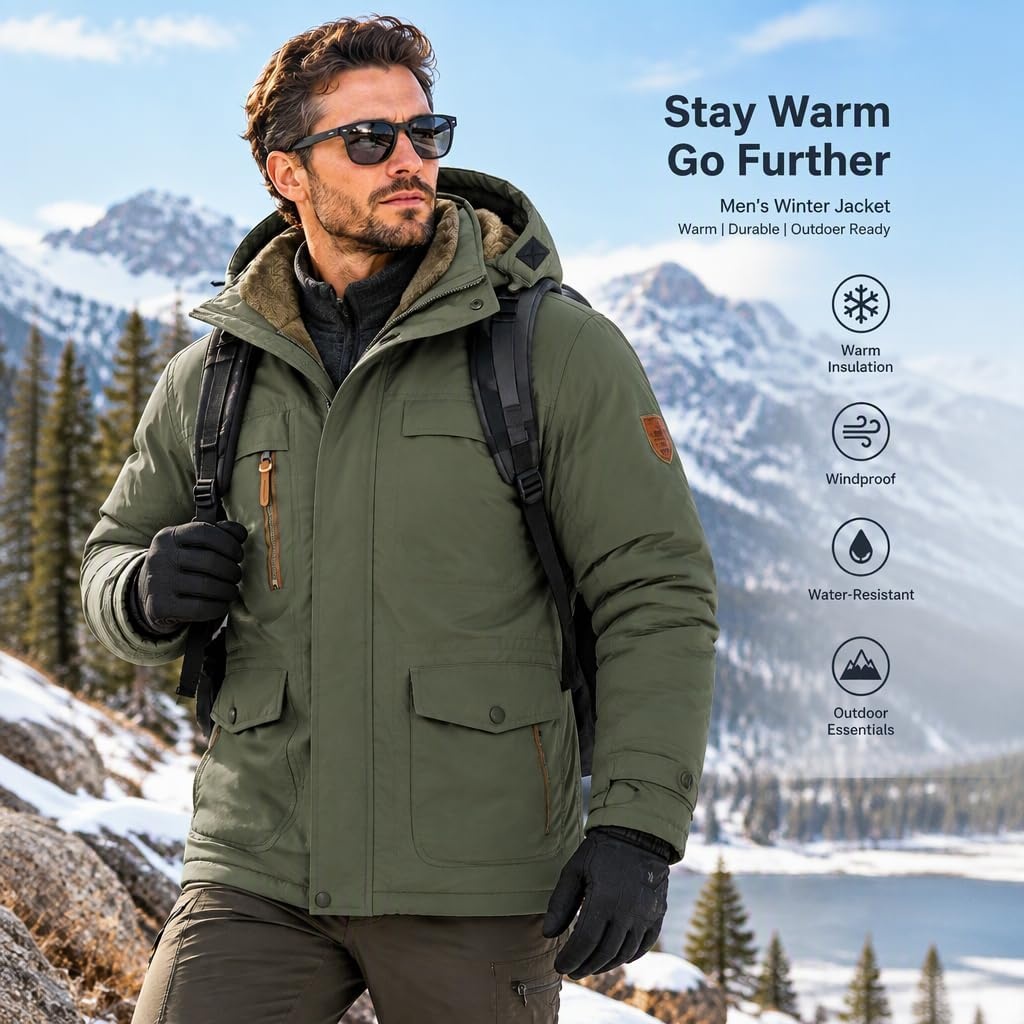 image:imageMens Winter Jacket Hooded Fleece Lined Windproof Parka Coats with PocketsArmy Green