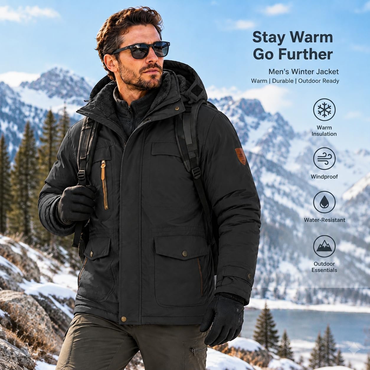 image:imageMens Winter Jacket Hooded Fleece Lined Windproof Parka Coats with PocketsBlack