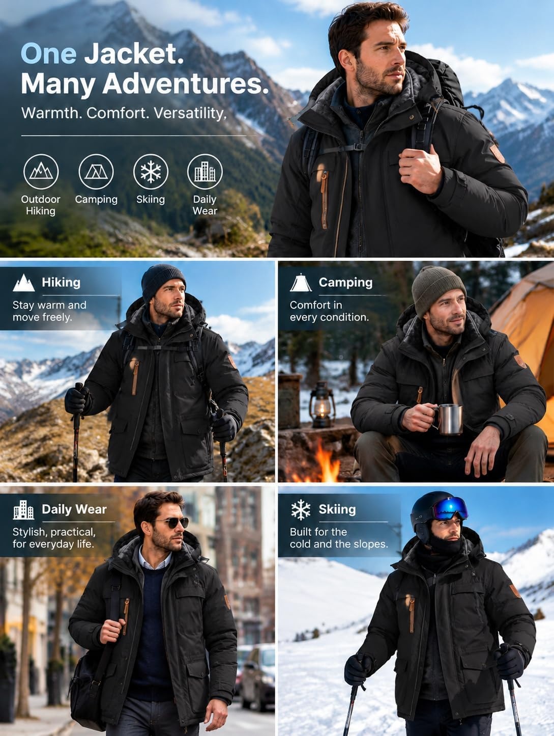image:imageMens Winter Jacket Hooded Fleece Lined Windproof Parka Coats with PocketsBlack