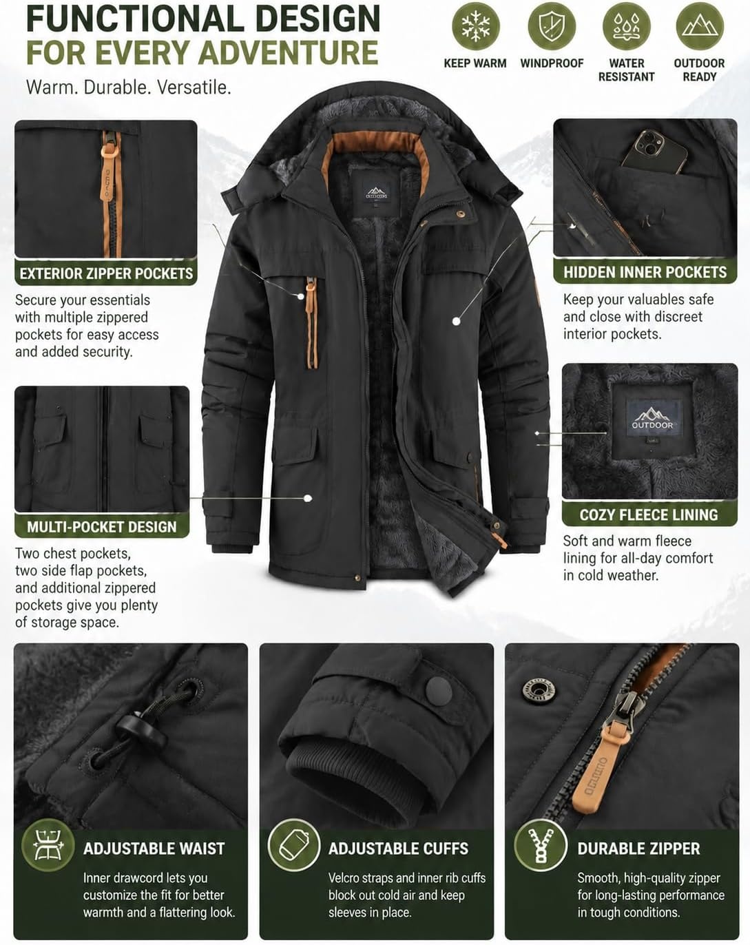 image:imageMens Winter Jacket Hooded Fleece Lined Windproof Parka Coats with PocketsBlack