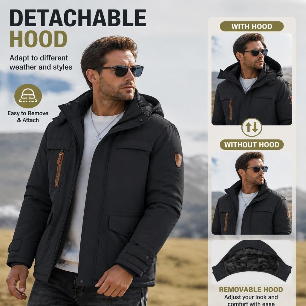image:imageMens Winter Jacket Hooded Fleece Lined Windproof Parka Coats with PocketsBlack