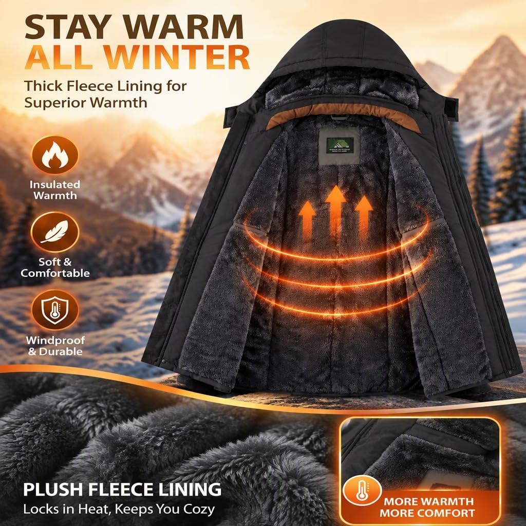 image:imageMens Winter Jacket Hooded Fleece Lined Windproof Parka Coats with PocketsBlack
