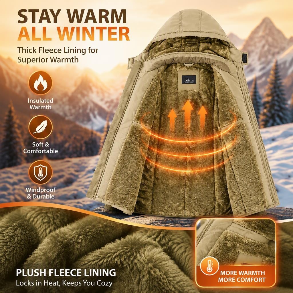 image:imageMens Winter Jacket Hooded Fleece Lined Windproof Parka Coats with PocketsKhaki