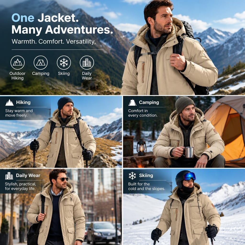 image:imageMens Winter Jacket Hooded Fleece Lined Windproof Parka Coats with PocketsKhaki