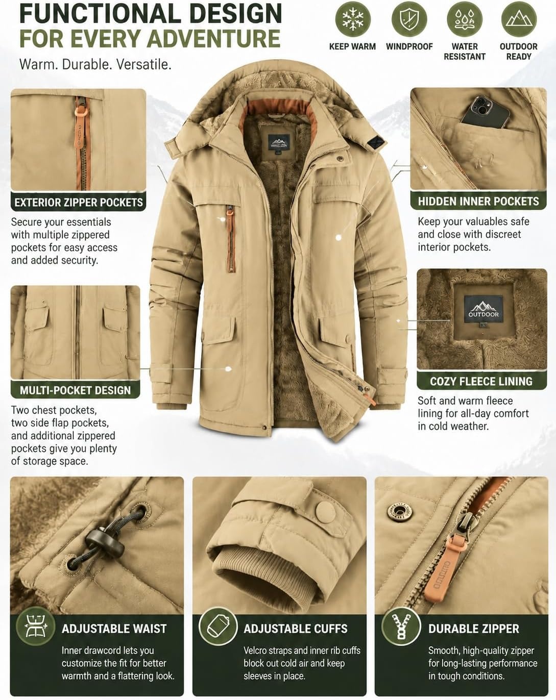 image:imageMens Winter Jacket Hooded Fleece Lined Windproof Parka Coats with PocketsKhaki