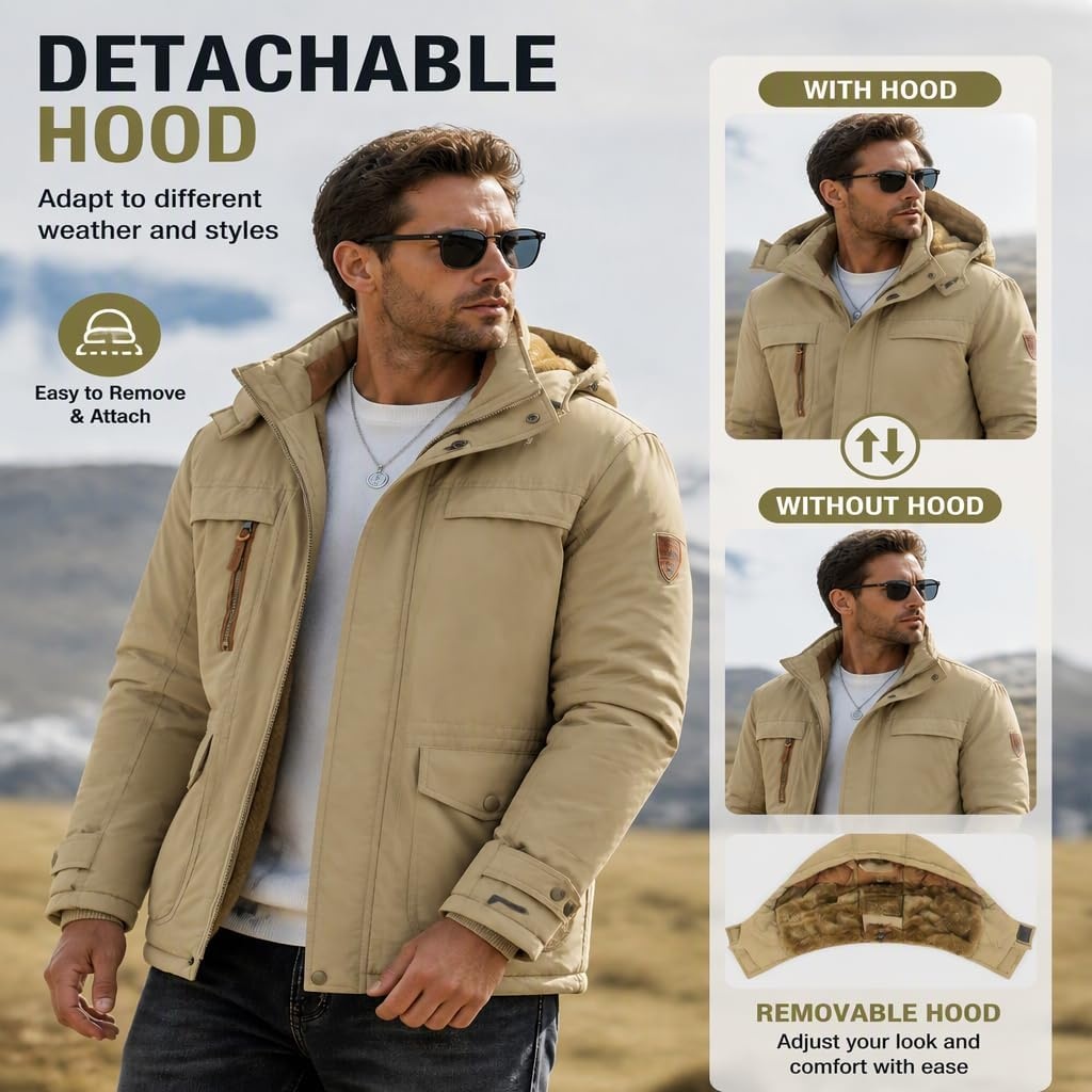 image:imageMens Winter Jacket Hooded Fleece Lined Windproof Parka Coats with PocketsKhaki