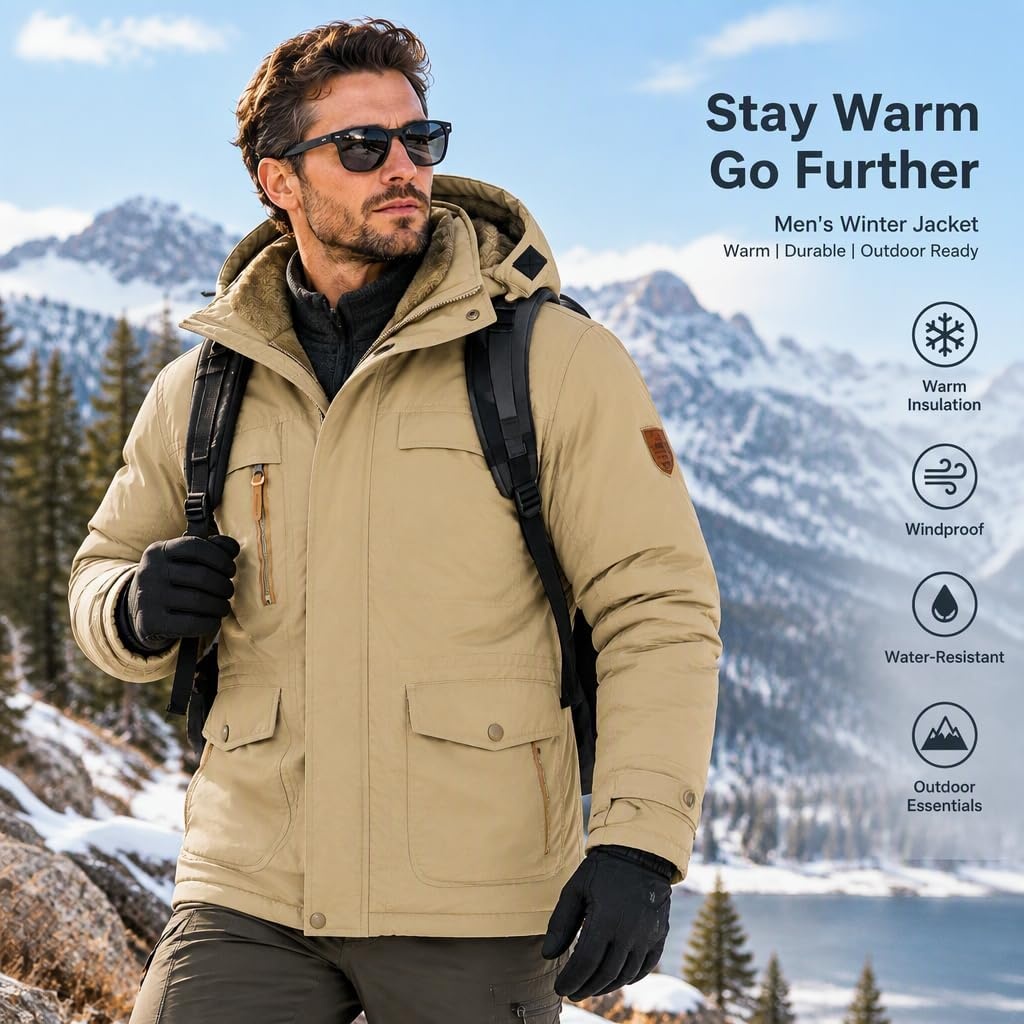 image:imageMens Winter Jacket Hooded Fleece Lined Windproof Parka Coats with PocketsKhaki