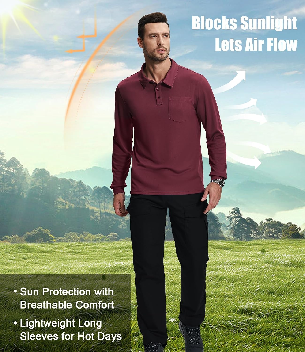 image:imageZITY 3 Pack Long Sleeve Polo Shirts for Men with Pocket Moisture Wicking Outdoor Workwear Office Casual Collared Shirts FallGreywine Redblack