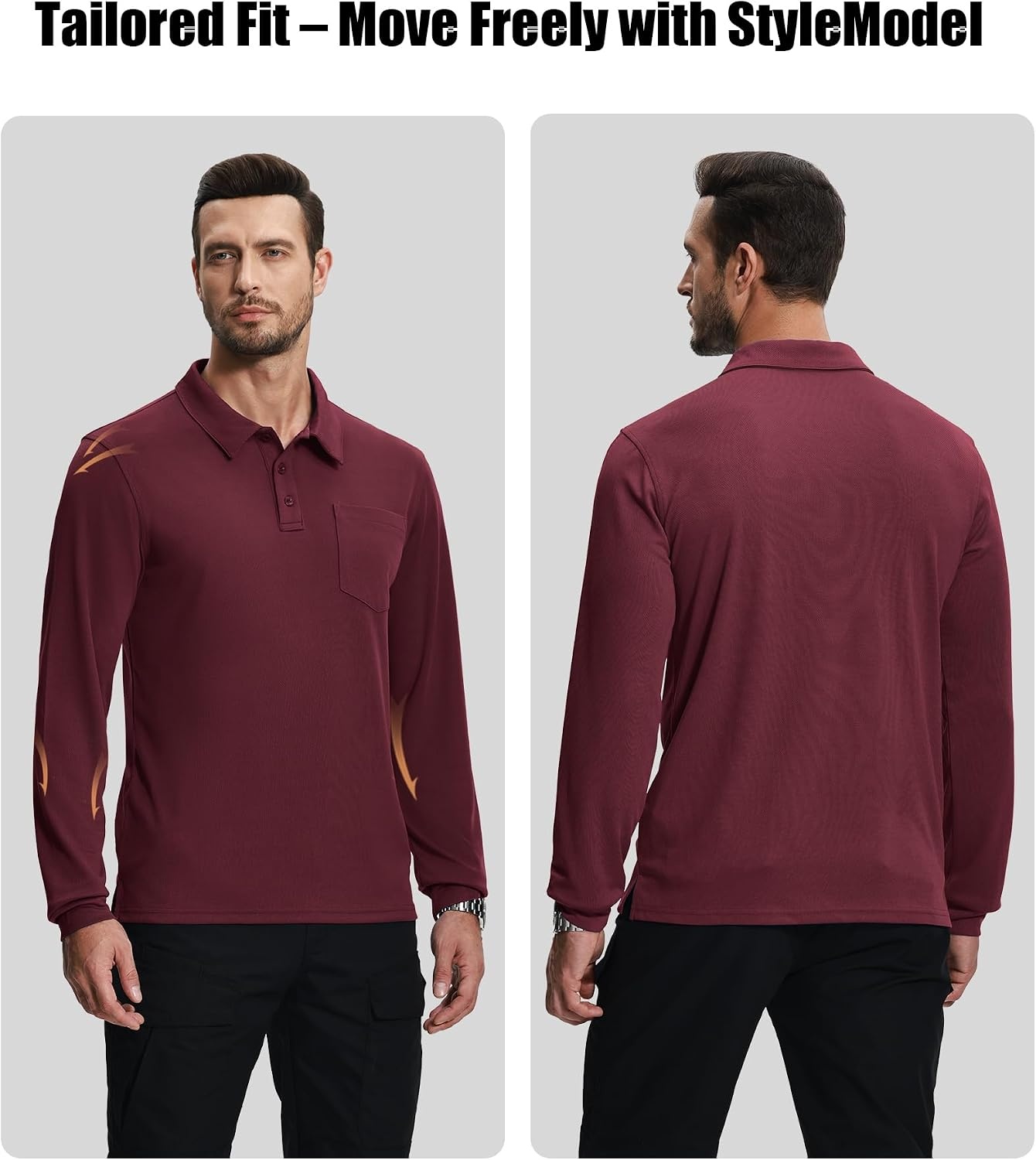 image:imageZITY 3 Pack Long Sleeve Polo Shirts for Men with Pocket Moisture Wicking Outdoor Workwear Office Casual Collared Shirts FallGreywine Redblack