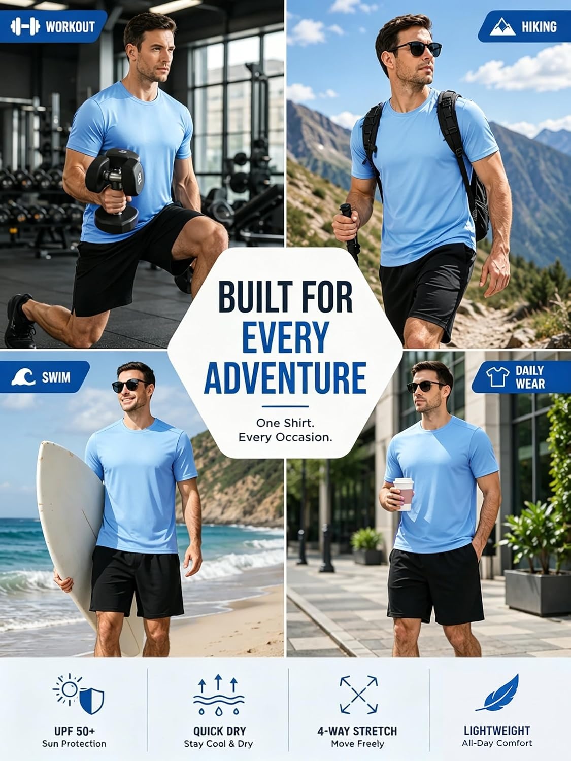 image:imageZITY 3 Pack T Shirts for Men UPF 50 Workout Shirt Fast Dry Moisture Wicking Athletic TShirts for Running Gym Swim3 Packlight Gray Light Blue White