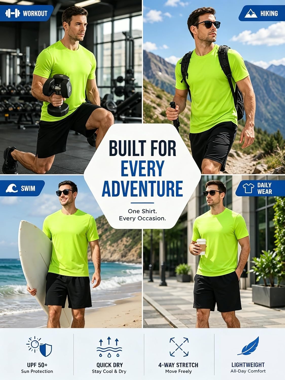 image:imageZITY 3 Pack T Shirts for Men UPF 50 Workout Shirt Fast Dry Moisture Wicking Athletic TShirts for Running Gym Swim3 Packlight Gray Sky Blue Fluorescent Green