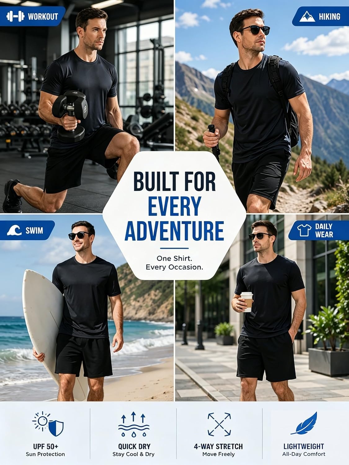 image:imageZITY 3 Pack T Shirts for Men UPF 50 Workout Shirt Fast Dry Moisture Wicking Athletic TShirts for Running Gym Swim3 Packwhite Dark Gray Black