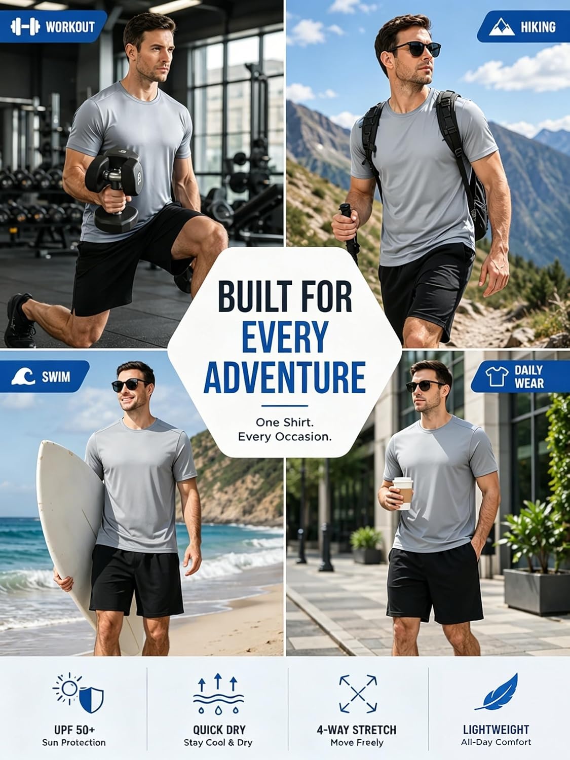 image:imageZITY 3 Pack T Shirts for Men UPF 50 Workout Shirt Fast Dry Moisture Wicking Athletic TShirts for Running Gym Swim3pcs Light Grey