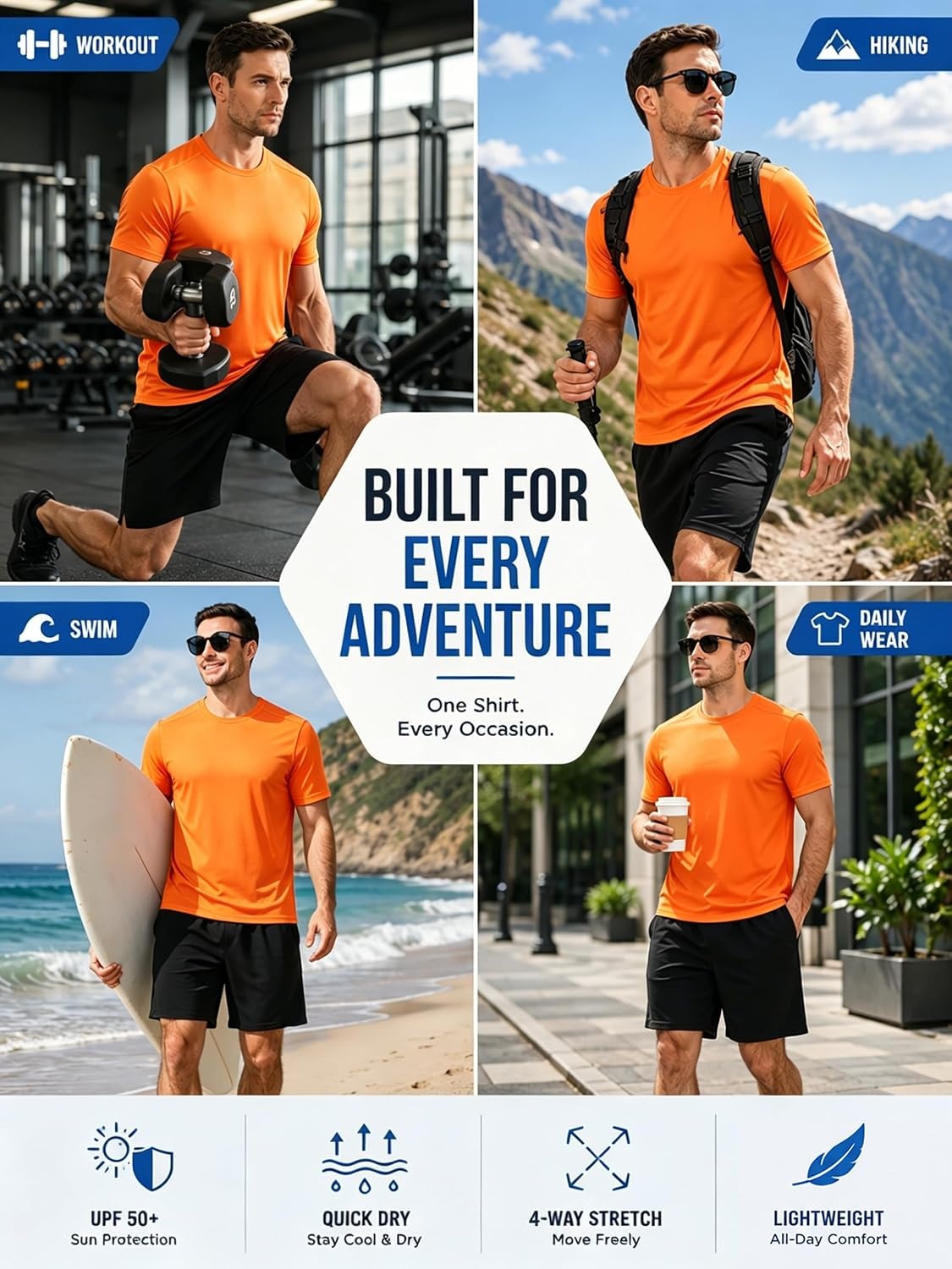 image:imageZITY 3 Pack T Shirts for Men UPF 50 Workout Shirt Fast Dry Moisture Wicking Athletic TShirts for Running Gym Swim3pcs Neon Orange
