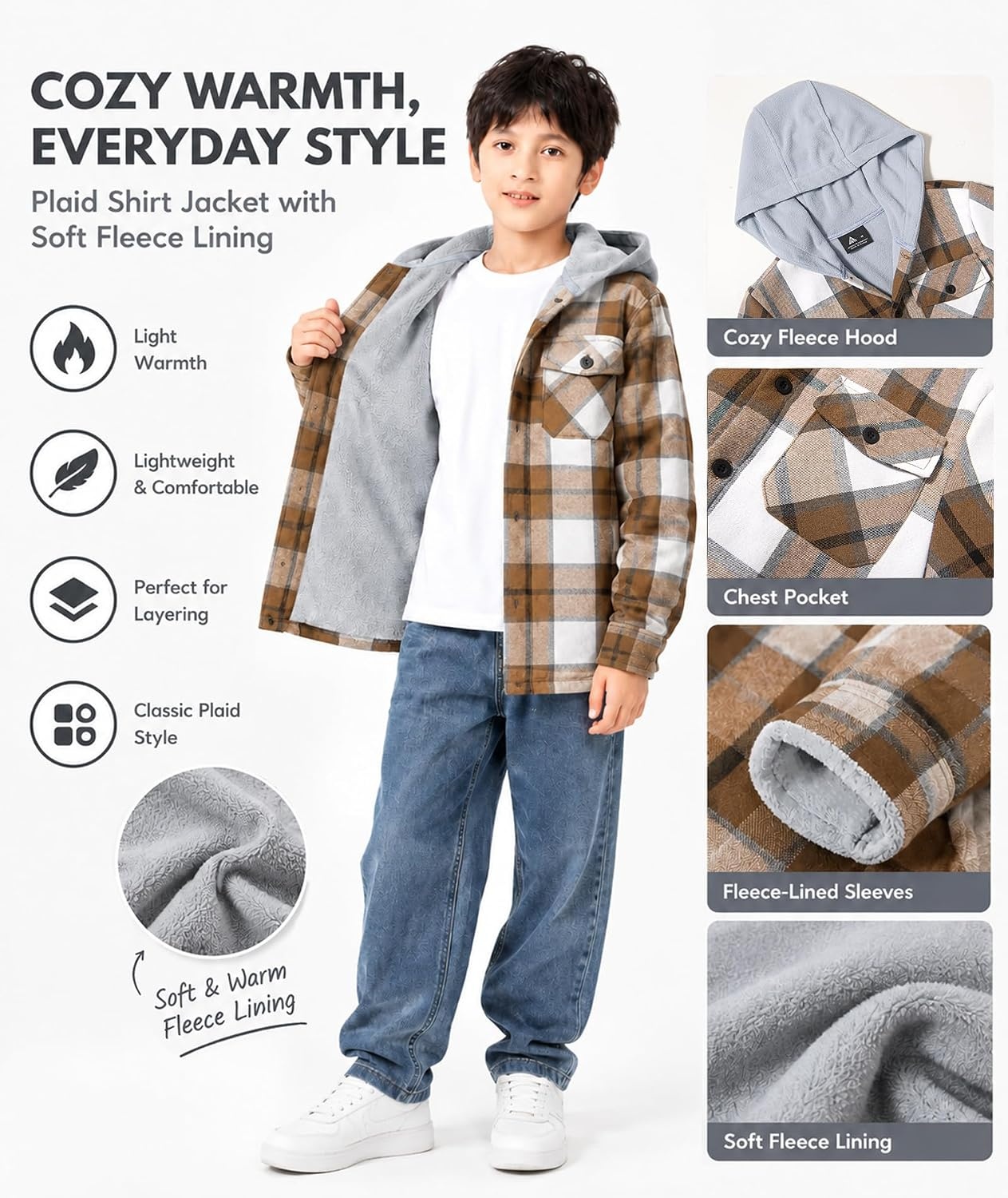 image:imageZITY Kids FleeceLined Hooded Flannel Shirt Jacket for 616 YearsBeige Brown Plaid