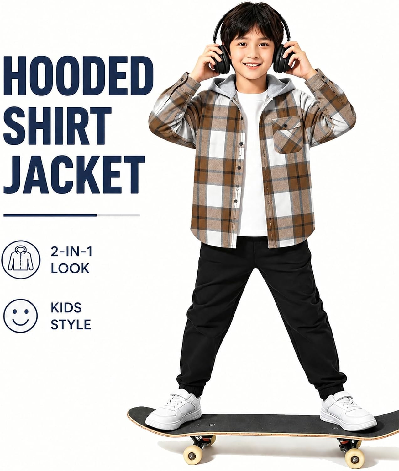 image:imageZITY Kids FleeceLined Hooded Flannel Shirt Jacket for 616 YearsBeige Brown Plaid