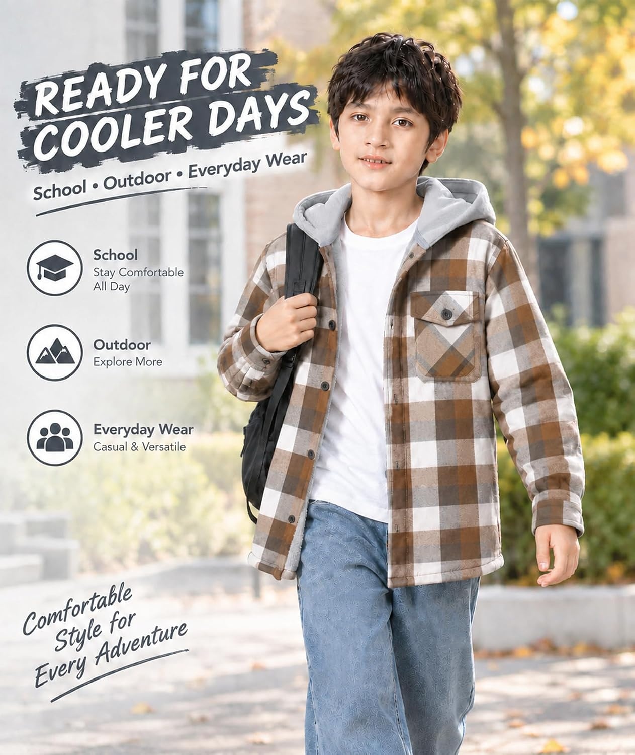 image:imageZITY Kids FleeceLined Hooded Flannel Shirt Jacket for 616 YearsBeige Brown Plaid