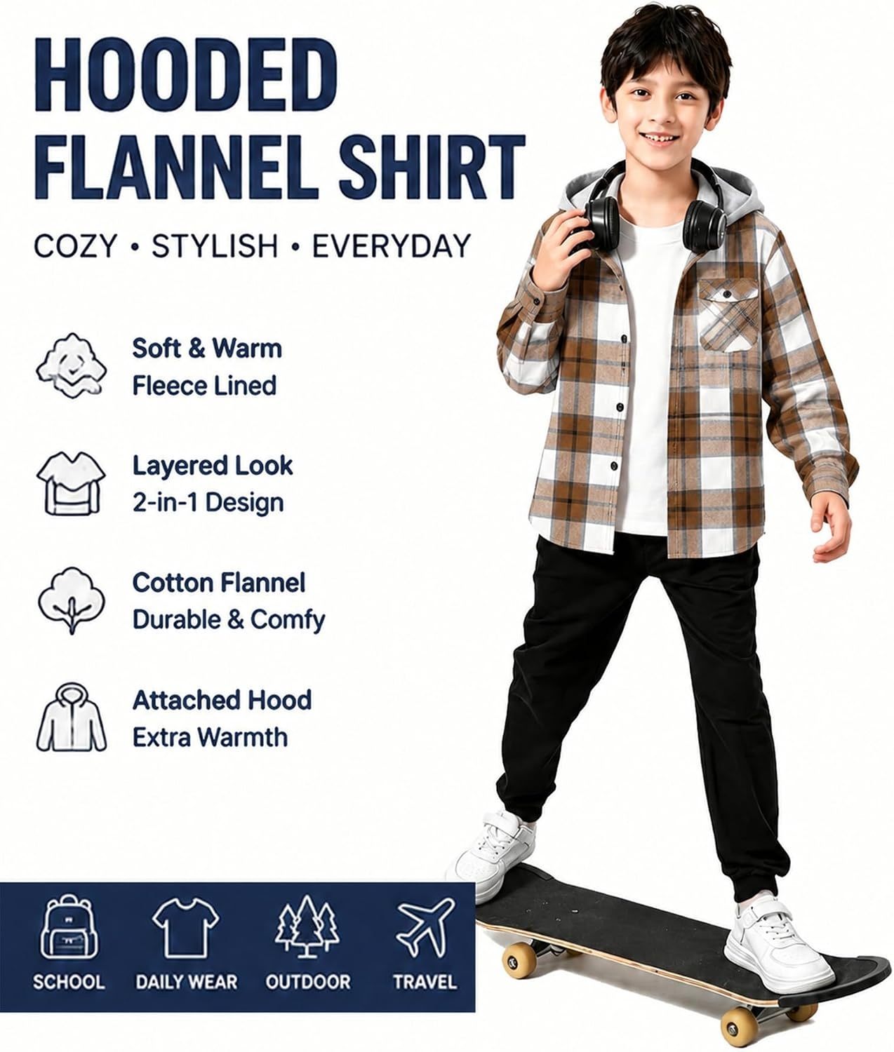 image:imageZITY Kids FleeceLined Hooded Flannel Shirt Jacket for 616 YearsBeige Brown Plaid