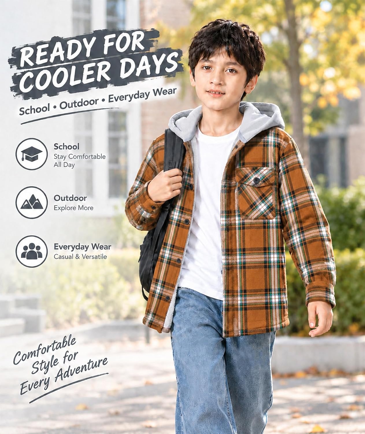 image:imageZITY Kids FleeceLined Hooded Flannel Shirt Jacket for 616 YearsBrown Black Plaid