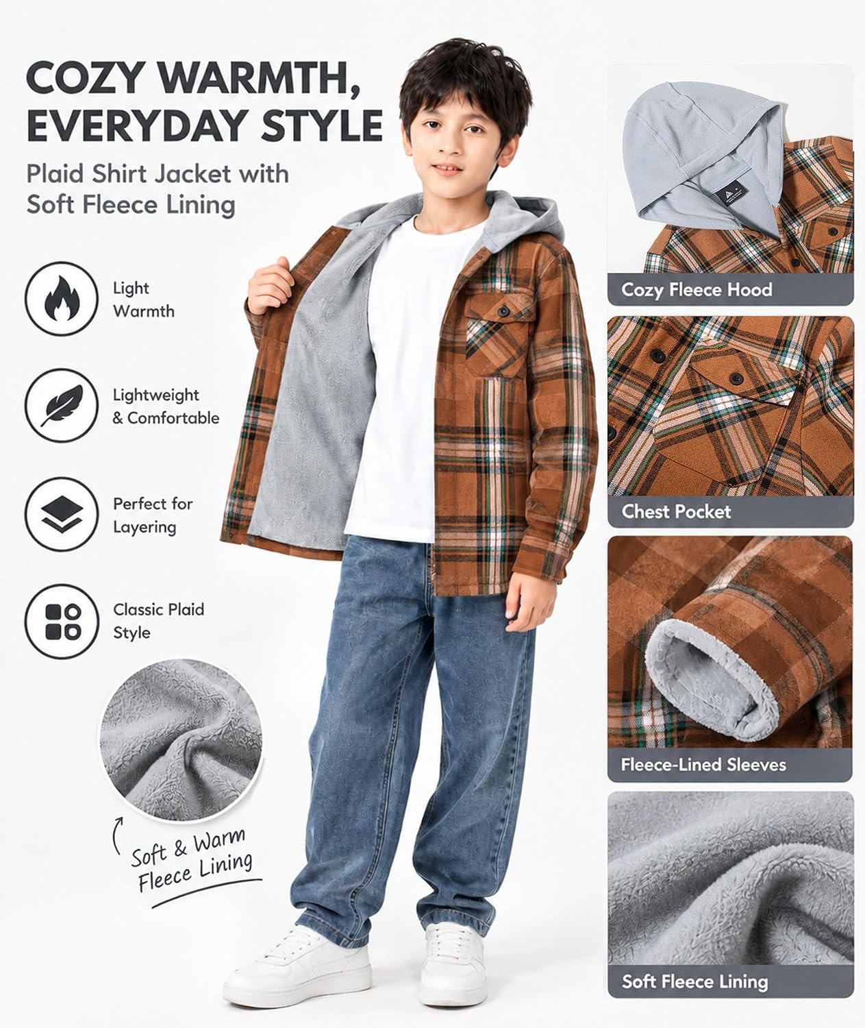 image:imageZITY Kids FleeceLined Hooded Flannel Shirt Jacket for 616 YearsBrown Black Plaid