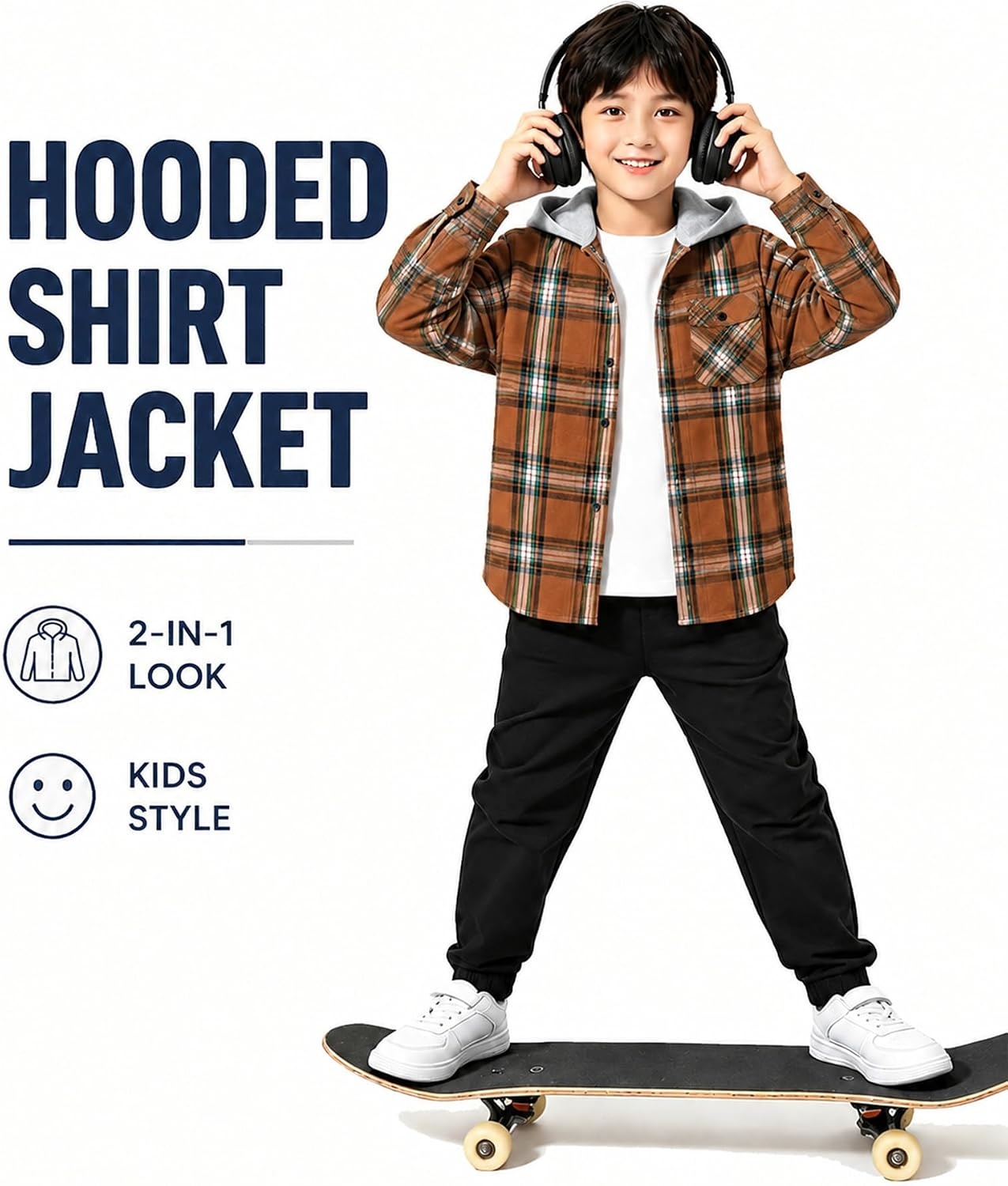 image:imageZITY Kids FleeceLined Hooded Flannel Shirt Jacket for 616 YearsBrown Black Plaid