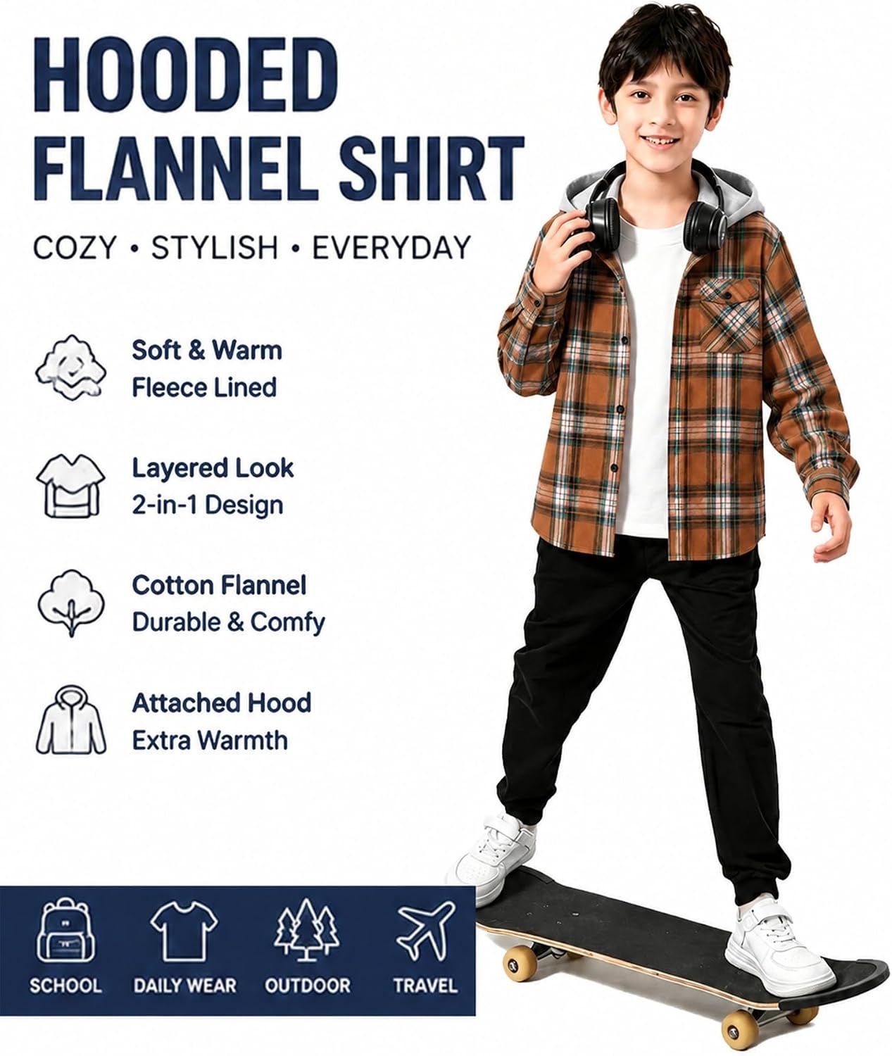 image:imageZITY Kids FleeceLined Hooded Flannel Shirt Jacket for 616 YearsBrown Black Plaid