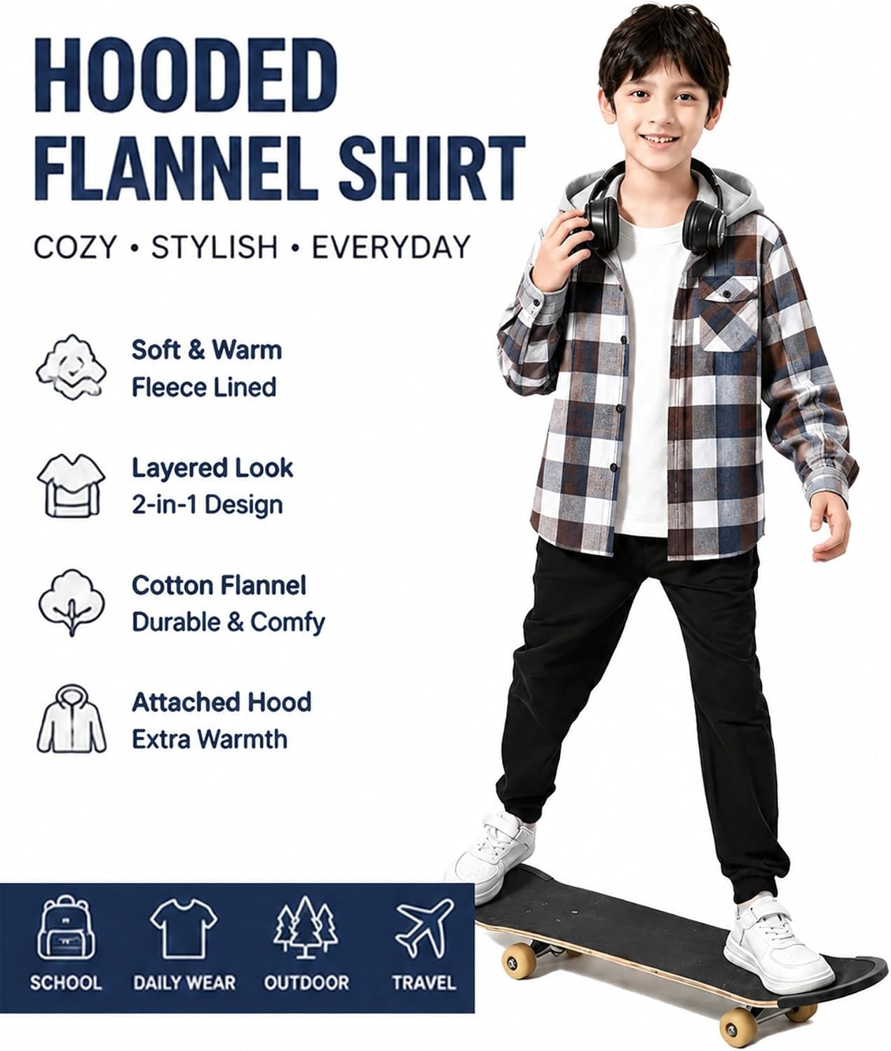 image:imageZITY Kids FleeceLined Hooded Flannel Shirt Jacket for 616 YearsBrown Plaid