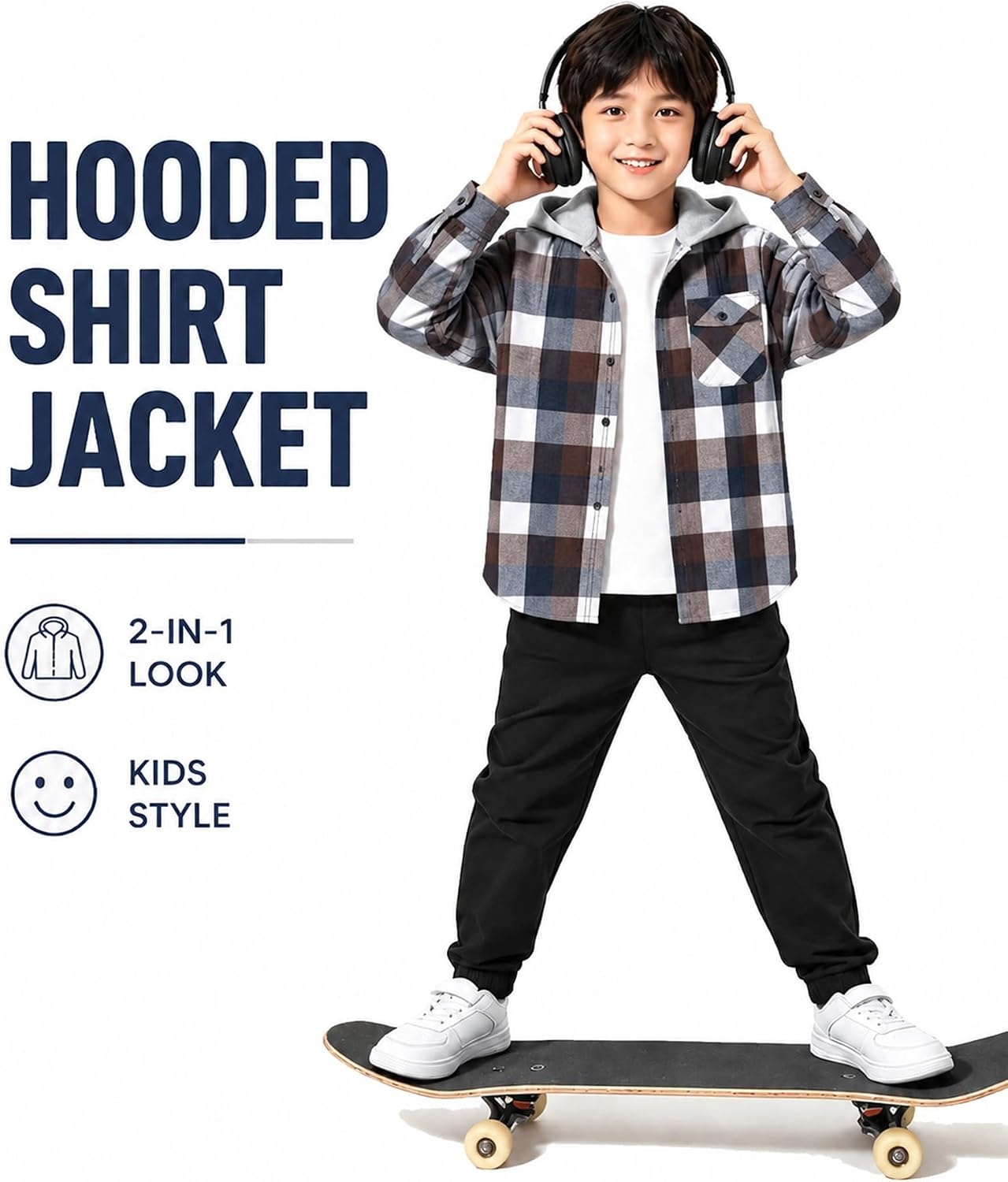 image:imageZITY Kids FleeceLined Hooded Flannel Shirt Jacket for 616 YearsBrown Plaid