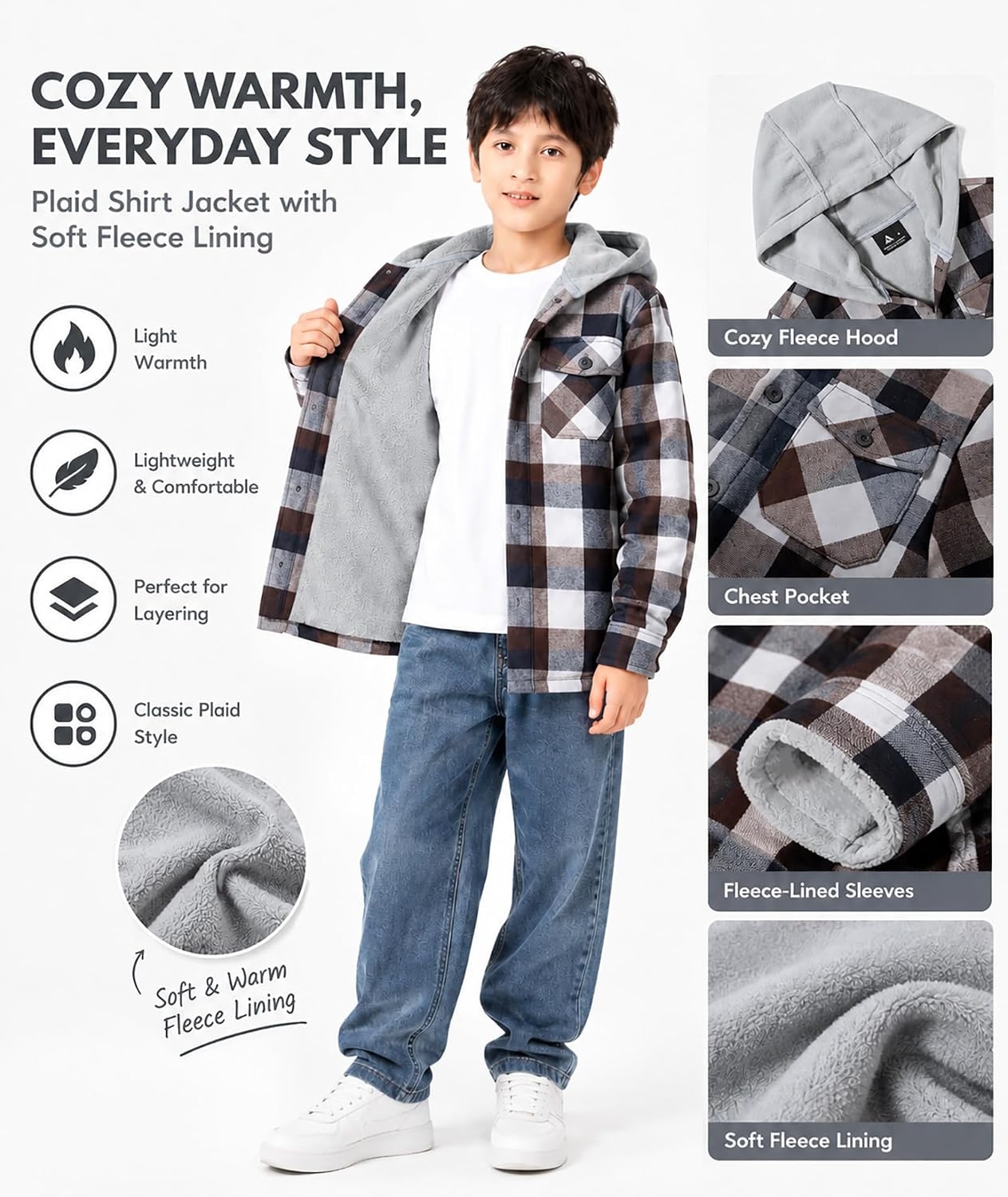 image:imageZITY Kids FleeceLined Hooded Flannel Shirt Jacket for 616 YearsBrown Plaid