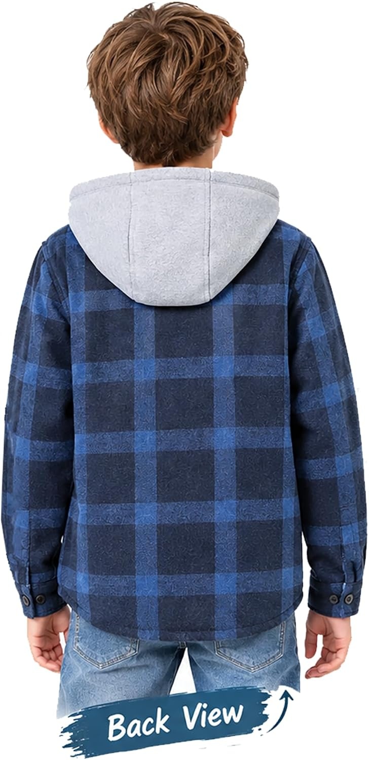 image:imageZITY Kids FleeceLined Hooded Flannel Shirt Jacket for 616 YearsDark Blue