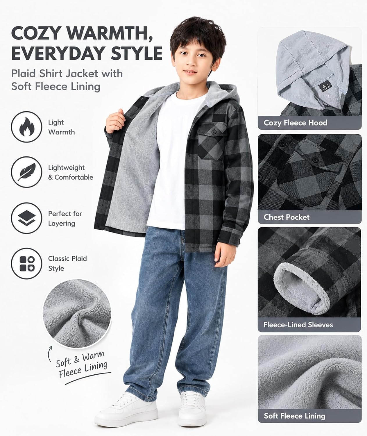 image:imageZITY Kids FleeceLined Hooded Flannel Shirt Jacket for 616 YearsDark Gray Plaid