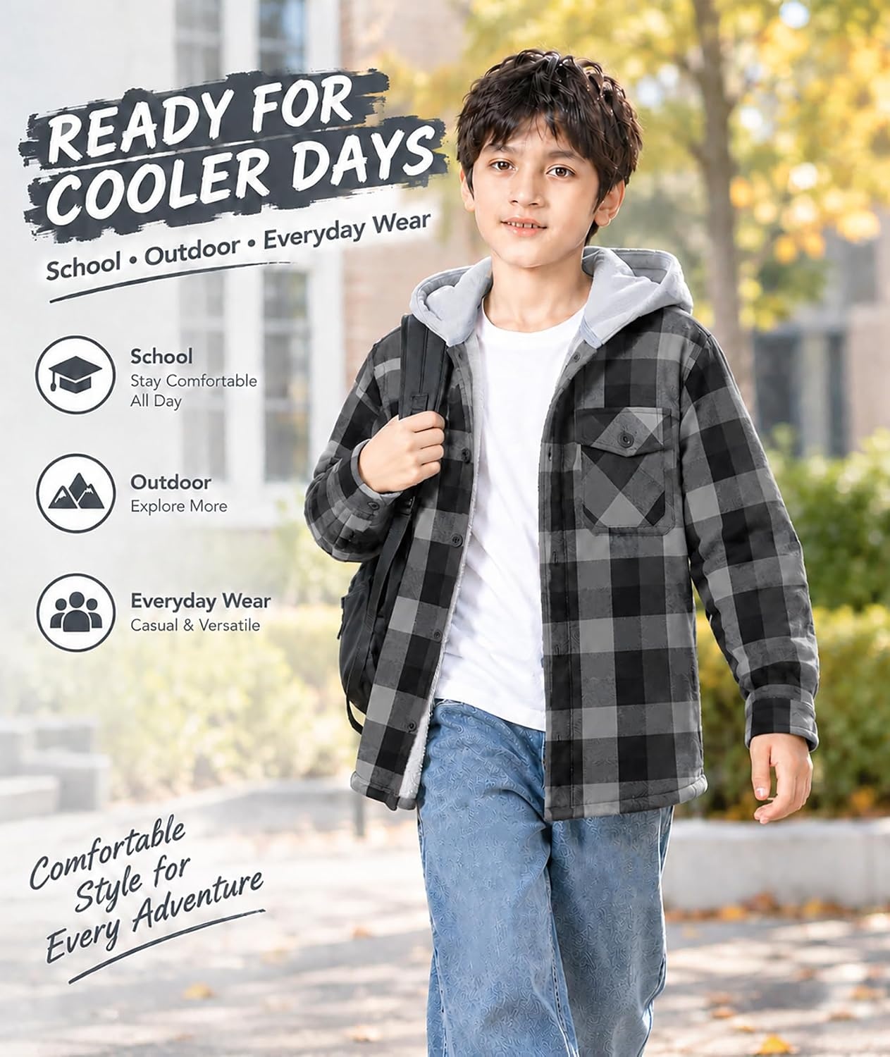 image:imageZITY Kids FleeceLined Hooded Flannel Shirt Jacket for 616 YearsDark Gray Plaid