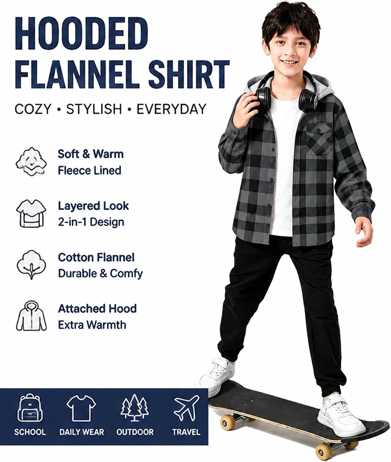 image:imageZITY Kids FleeceLined Hooded Flannel Shirt Jacket for 616 YearsDark Gray Plaid