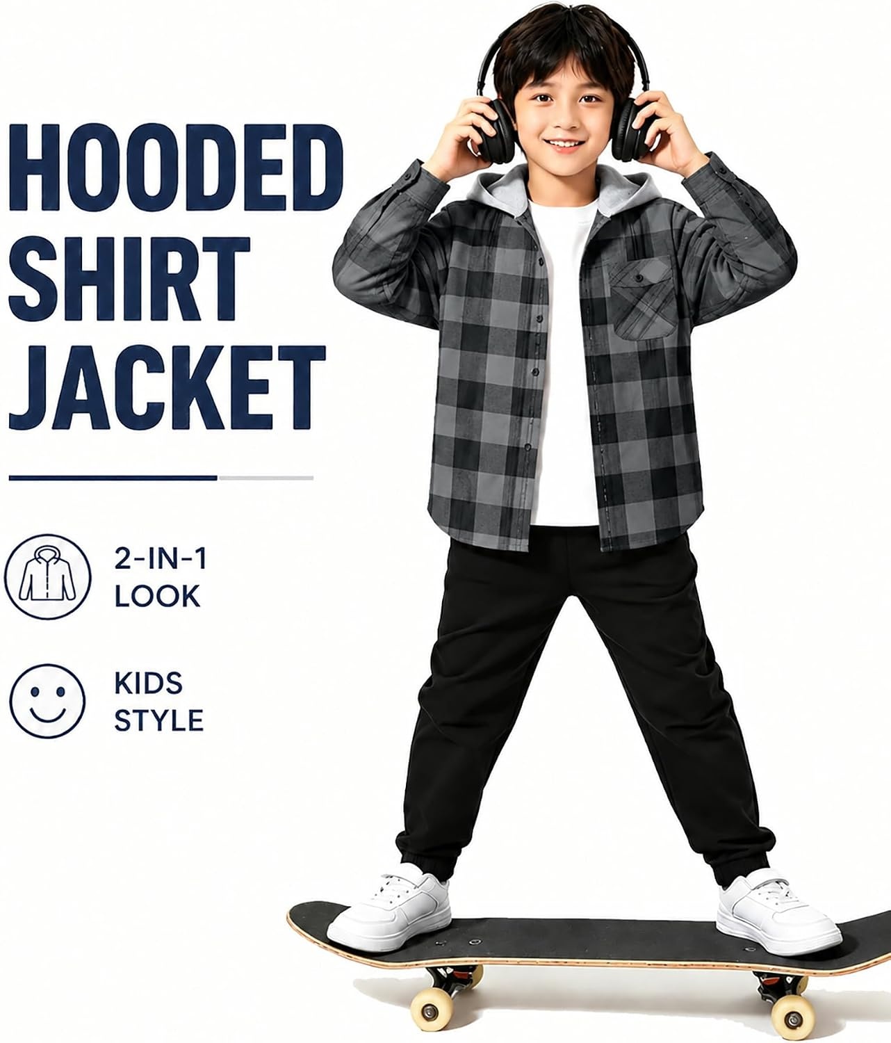 image:imageZITY Kids FleeceLined Hooded Flannel Shirt Jacket for 616 YearsDark Gray Plaid