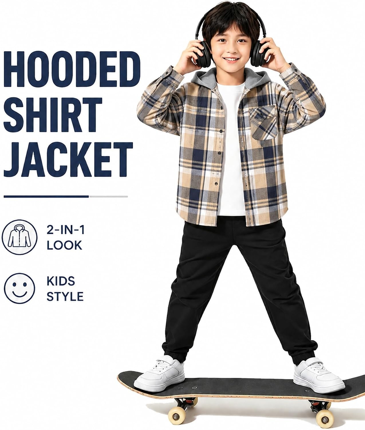 image:imageZITY Kids FleeceLined Hooded Flannel Shirt Jacket for 616 YearsNavy Beige Plaid