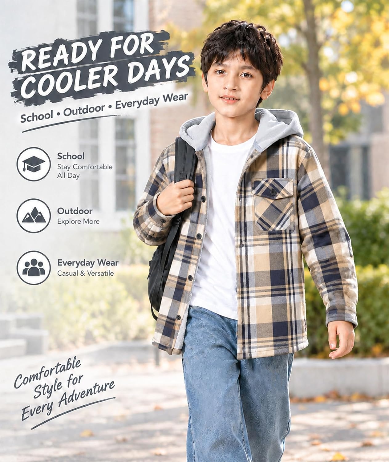 image:imageZITY Kids FleeceLined Hooded Flannel Shirt Jacket for 616 YearsNavy Beige Plaid
