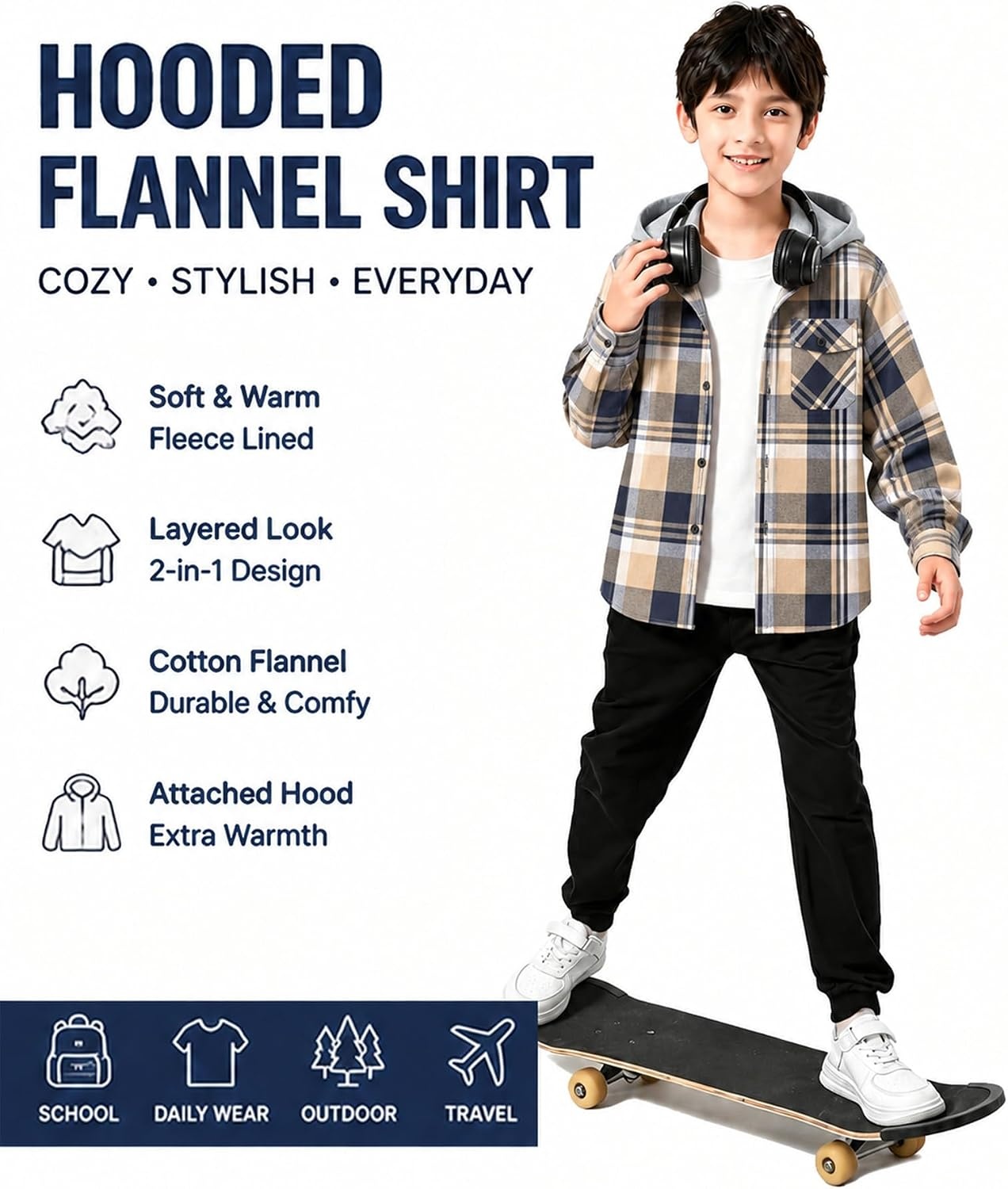 image:imageZITY Kids FleeceLined Hooded Flannel Shirt Jacket for 616 YearsNavy Beige Plaid