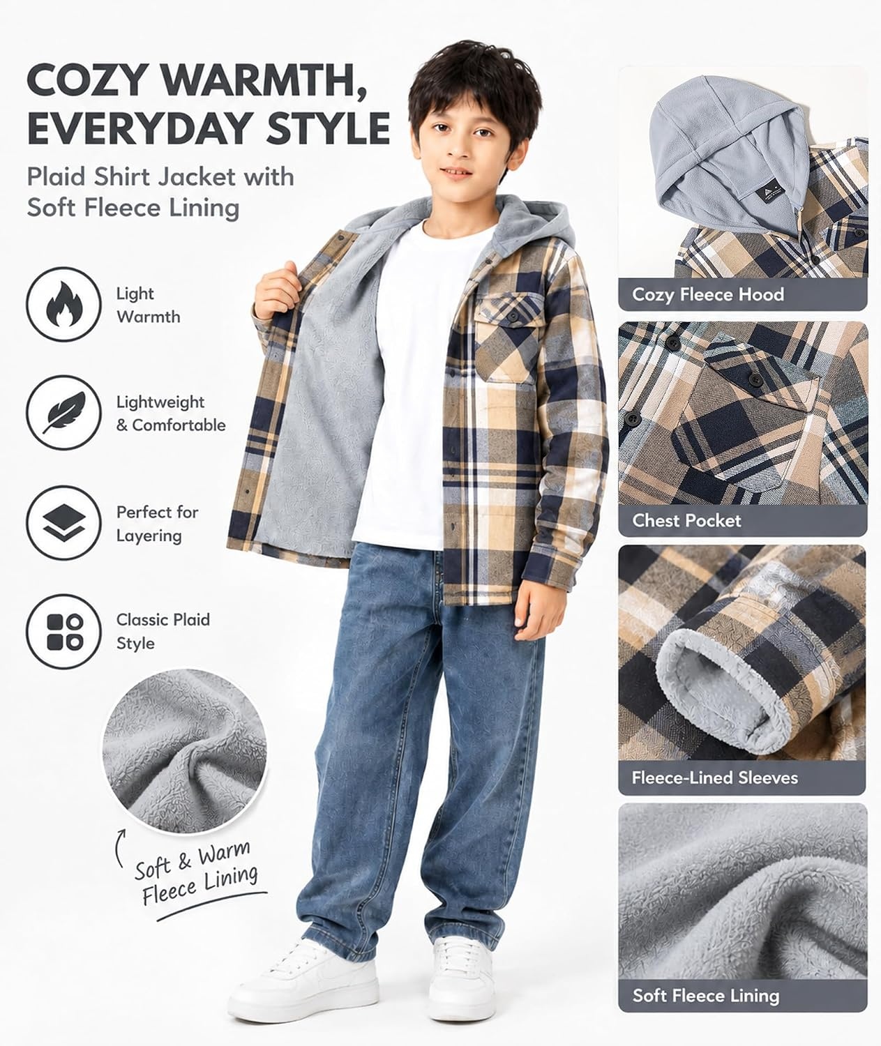 image:imageZITY Kids FleeceLined Hooded Flannel Shirt Jacket for 616 YearsNavy Beige Plaid