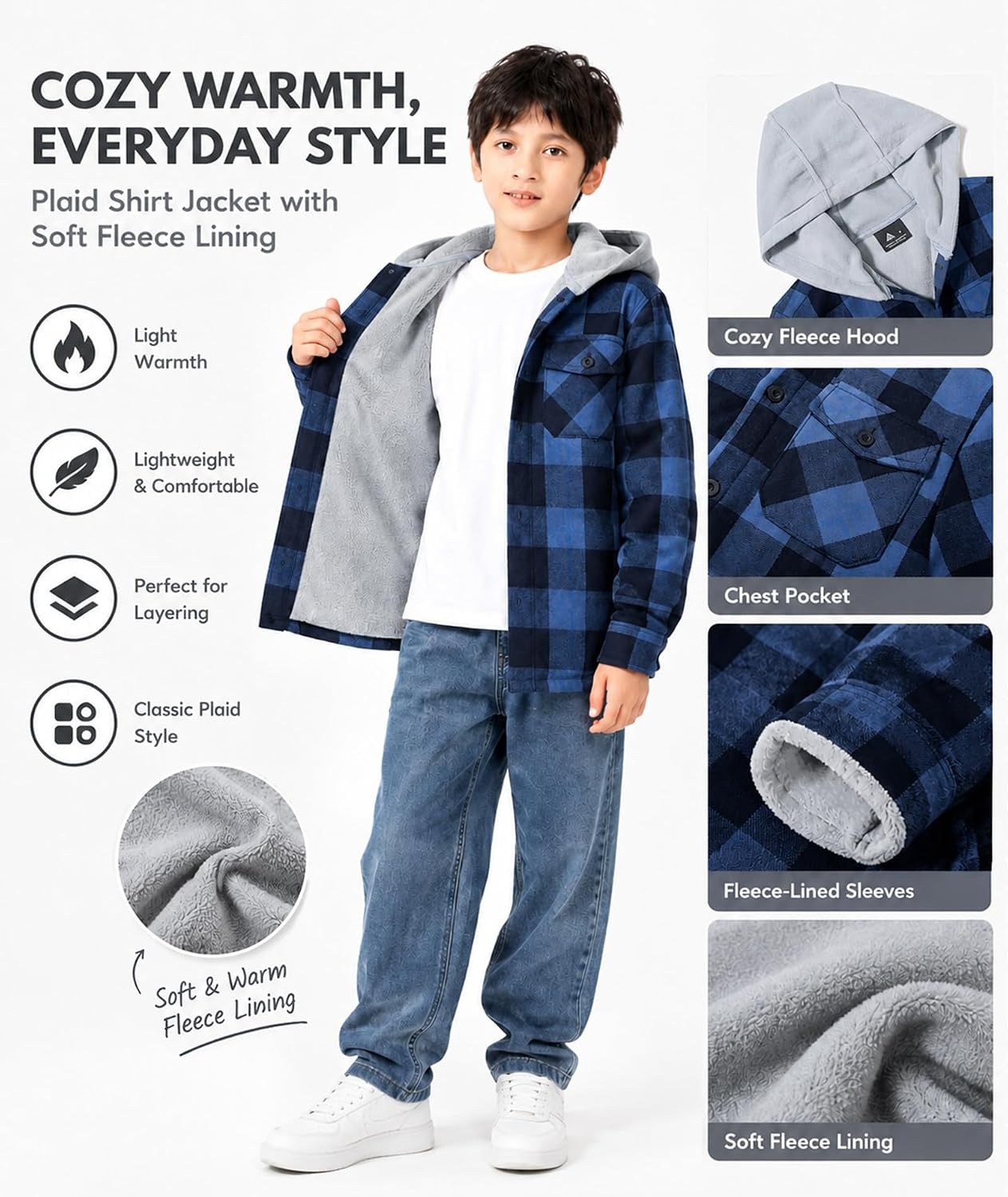 image:imageZITY Kids FleeceLined Hooded Flannel Shirt Jacket for 616 YearsNavy Blue Plaid