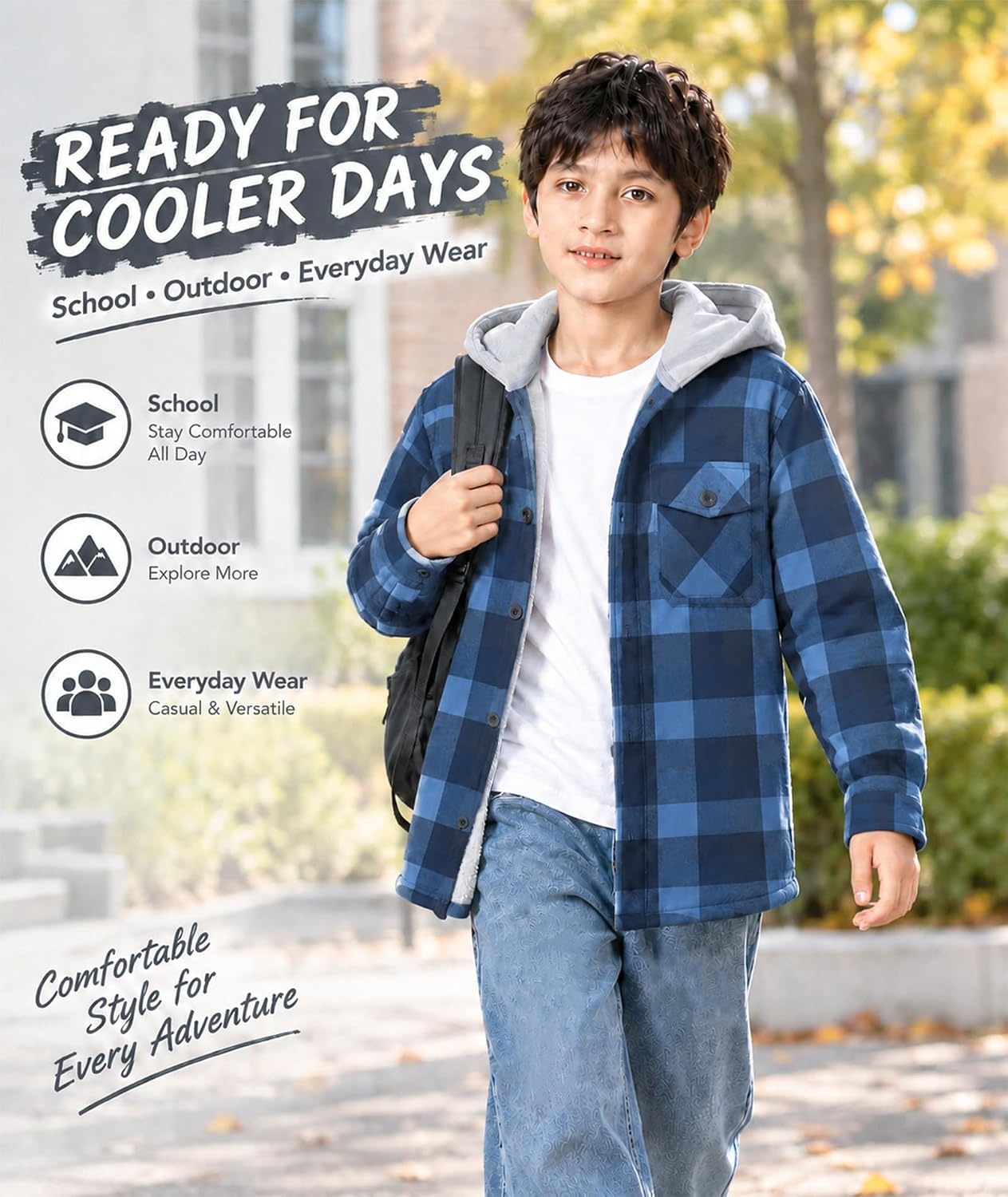 image:imageZITY Kids FleeceLined Hooded Flannel Shirt Jacket for 616 YearsNavy Blue Plaid