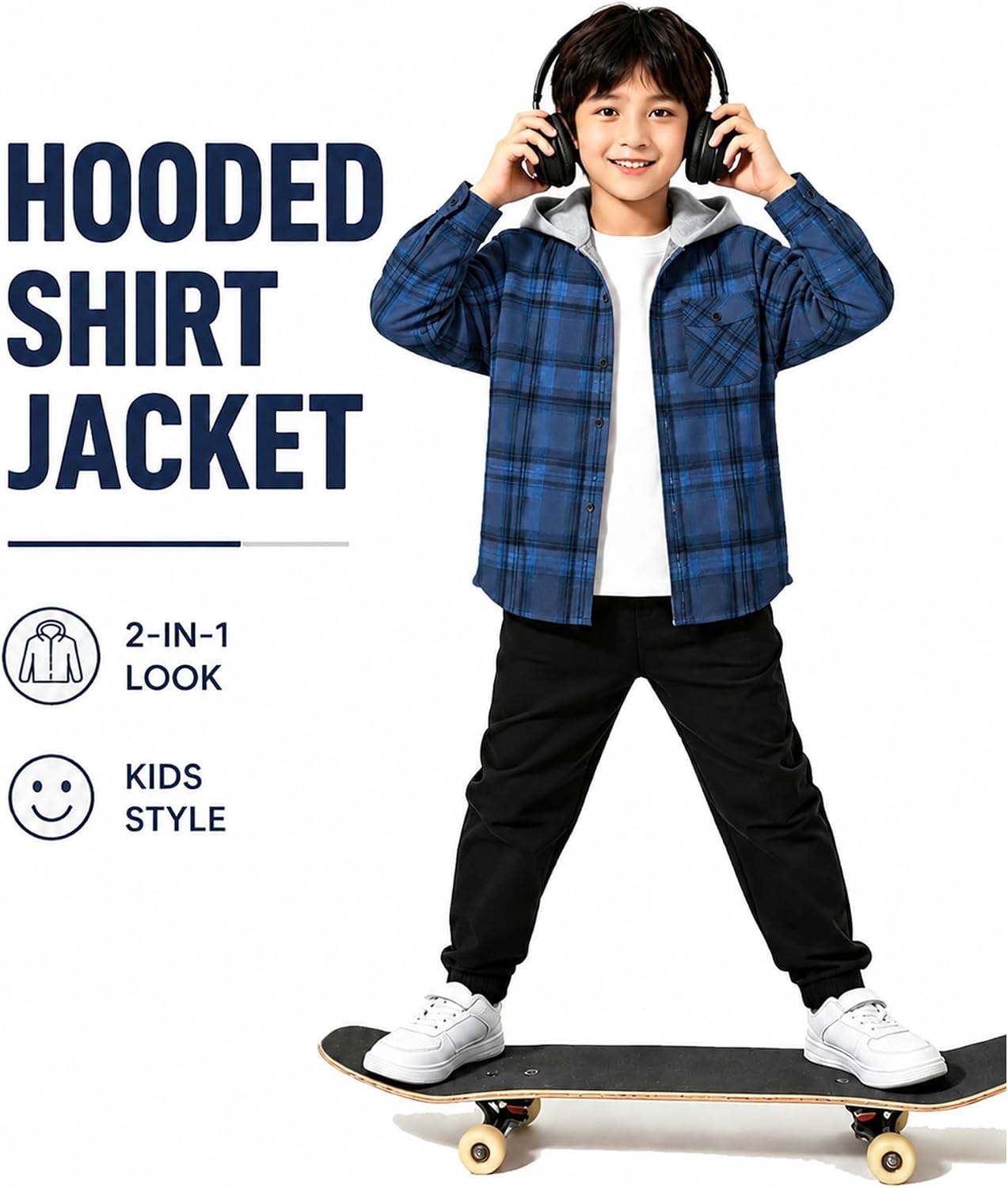 image:imageZITY Kids FleeceLined Hooded Flannel Shirt Jacket for 616 YearsNavy Blue Plaid