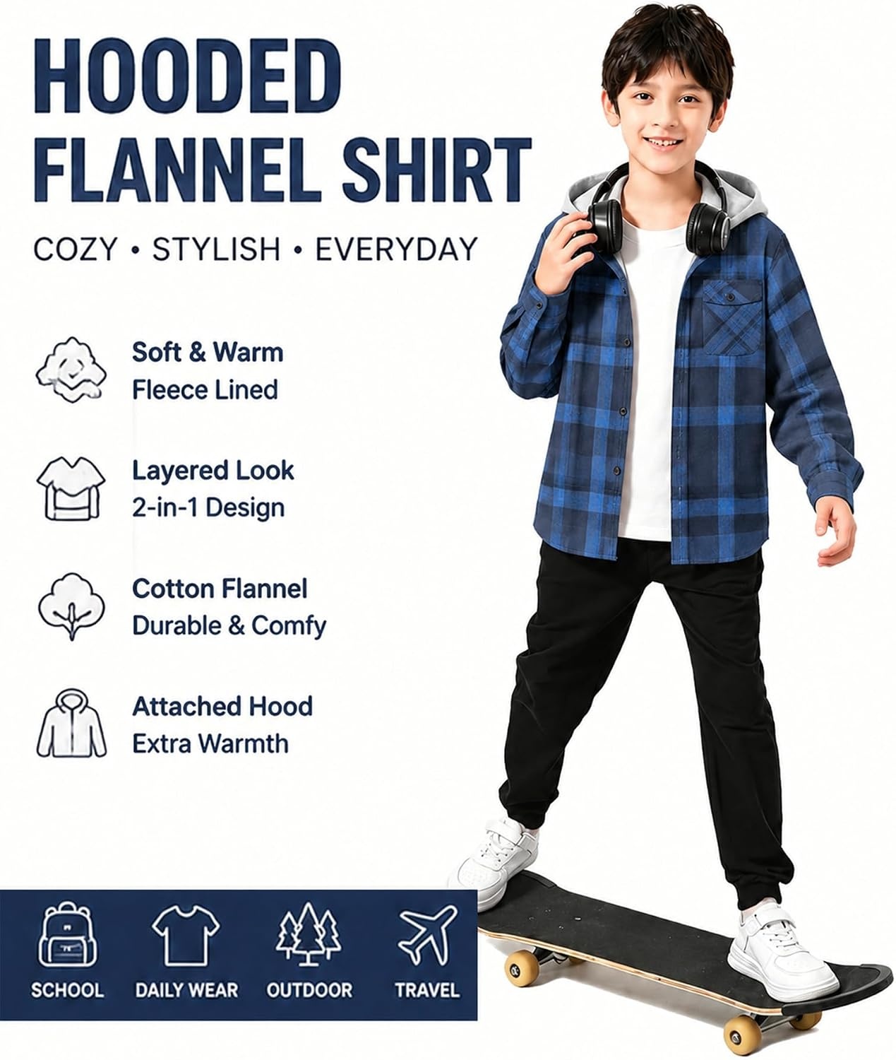 image:imageZITY Kids FleeceLined Hooded Flannel Shirt Jacket for 616 YearsNavy Blue Plaid
