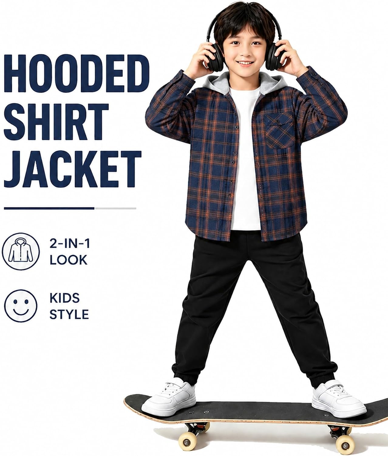 image:imageZITY Kids FleeceLined Hooded Flannel Shirt Jacket for 616 YearsNavy Brown Plaid