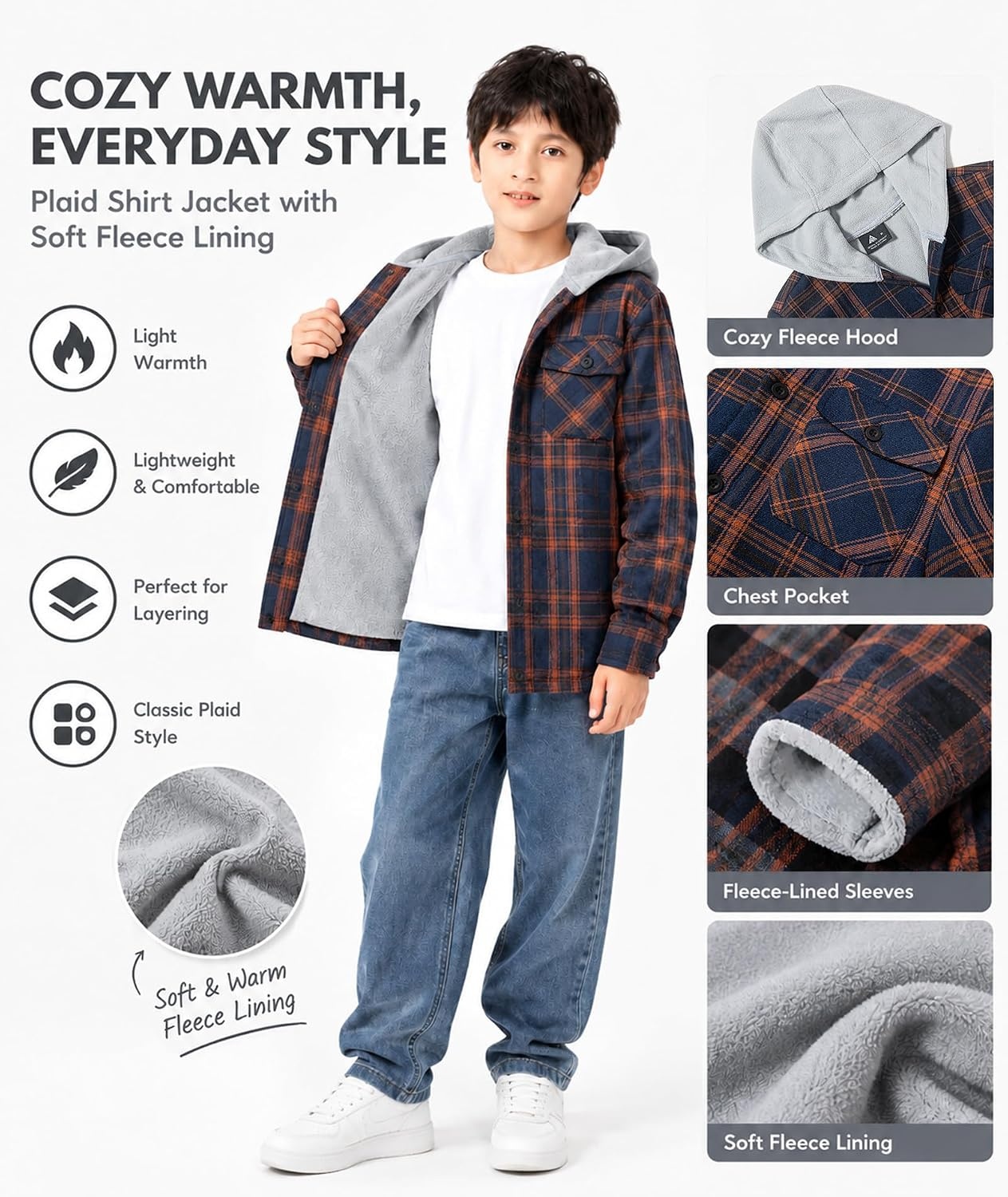 image:imageZITY Kids FleeceLined Hooded Flannel Shirt Jacket for 616 YearsNavy Brown Plaid