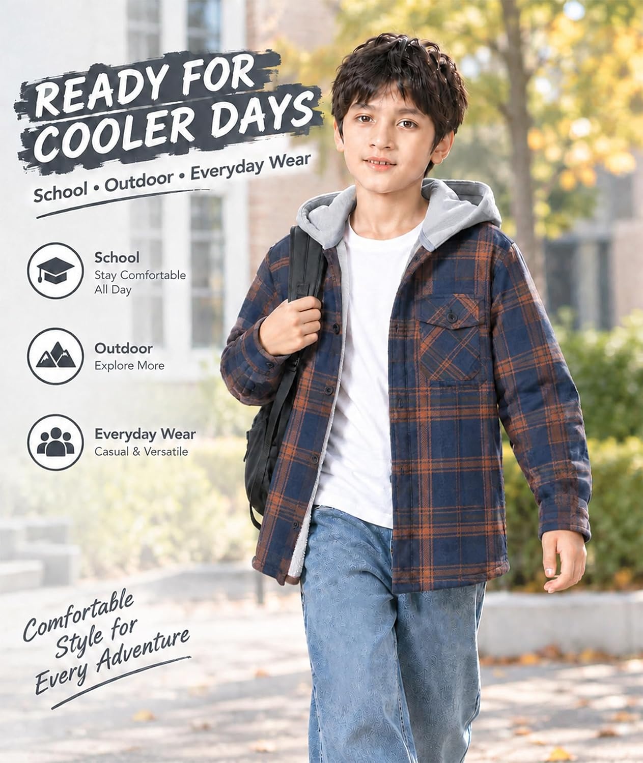 image:imageZITY Kids FleeceLined Hooded Flannel Shirt Jacket for 616 YearsNavy Brown Plaid
