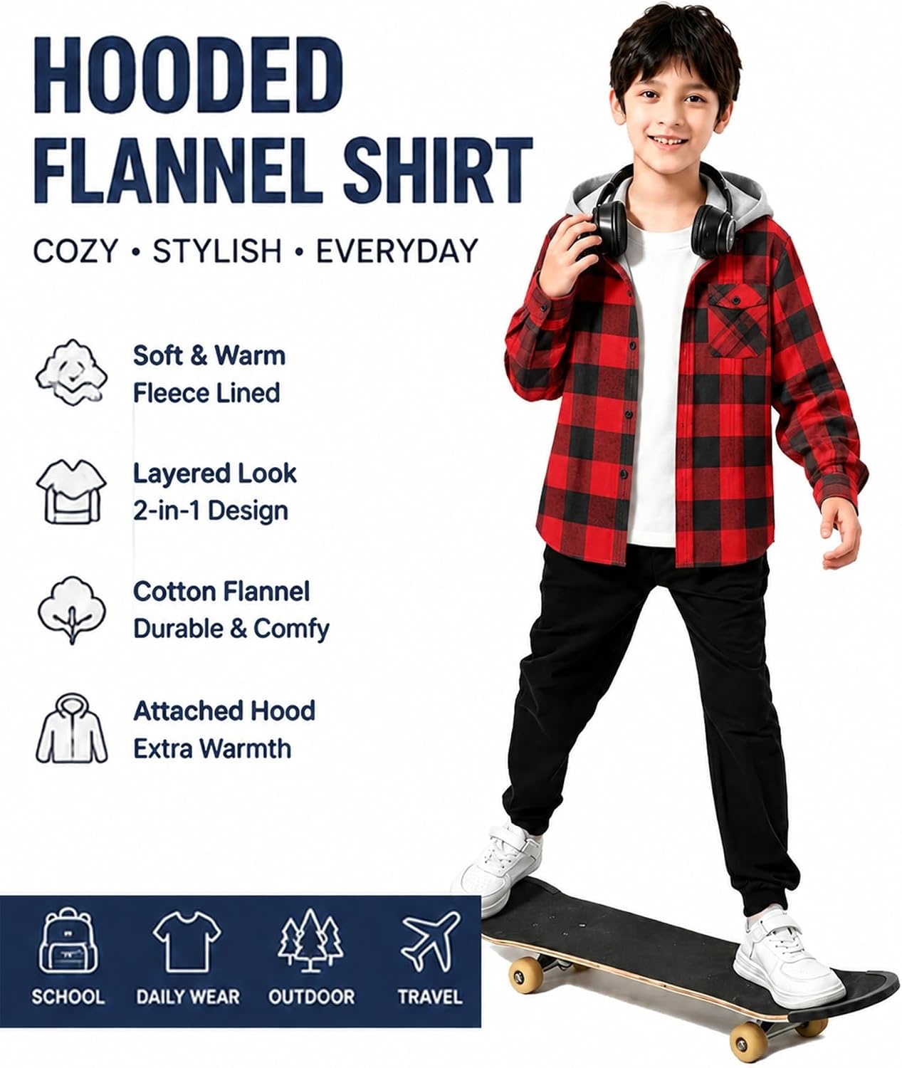 image:imageZITY Kids FleeceLined Hooded Flannel Shirt Jacket for 616 YearsRed Plaid