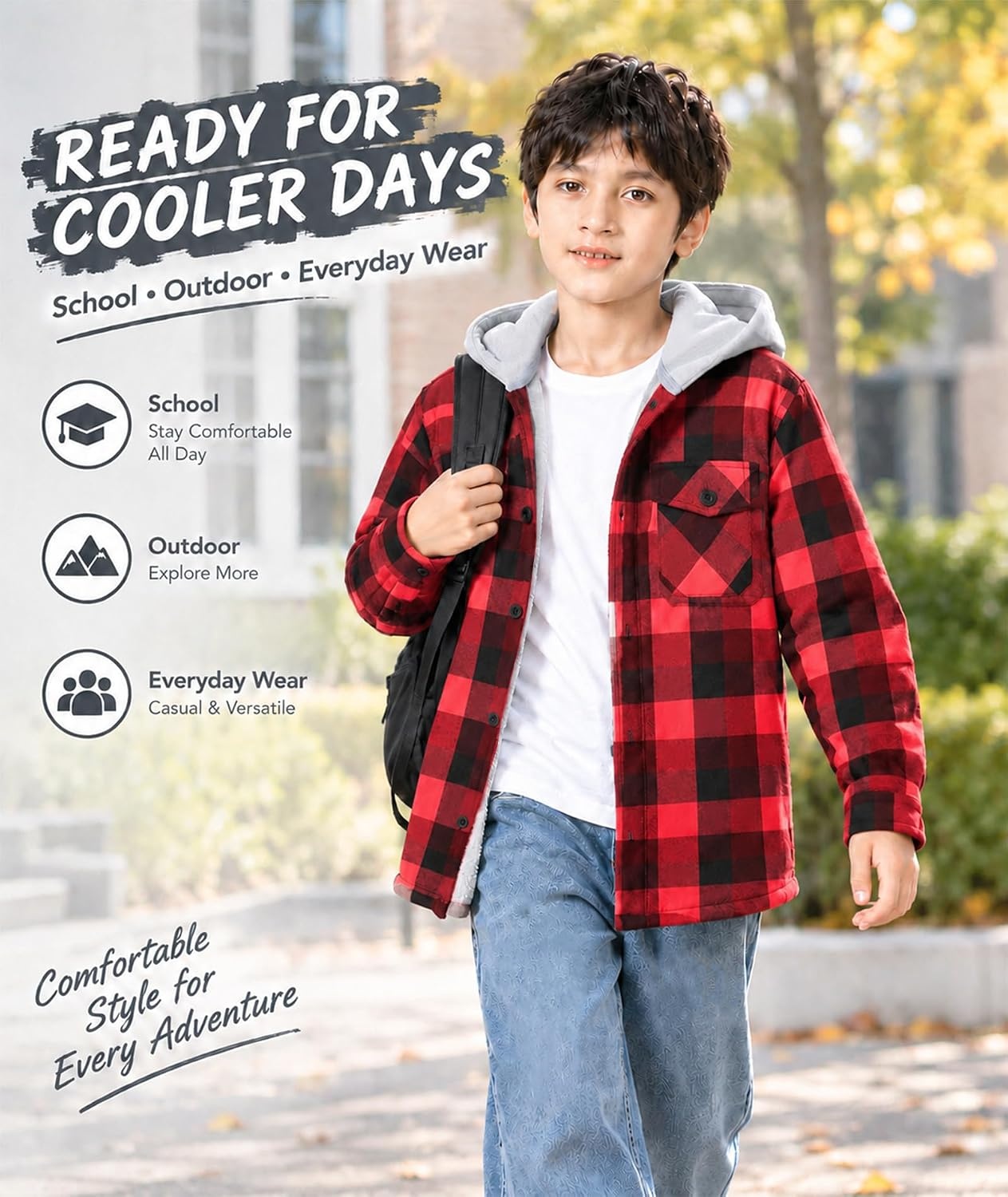 image:imageZITY Kids FleeceLined Hooded Flannel Shirt Jacket for 616 YearsRed Plaid